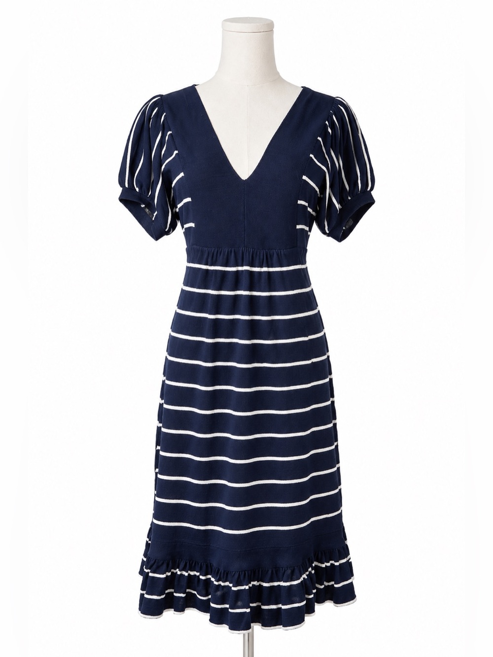 Juicy Couture Navy White Striped V-Neck Midi Dress Size M Ruffle Hem